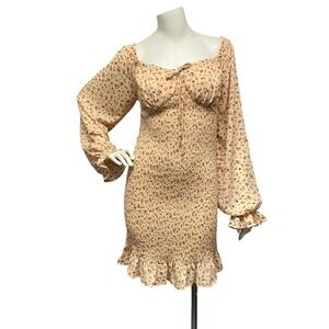 TIMING Babydoll Milkmaid Smocked Floral Print Mini Dress Ditsy Cottagecore